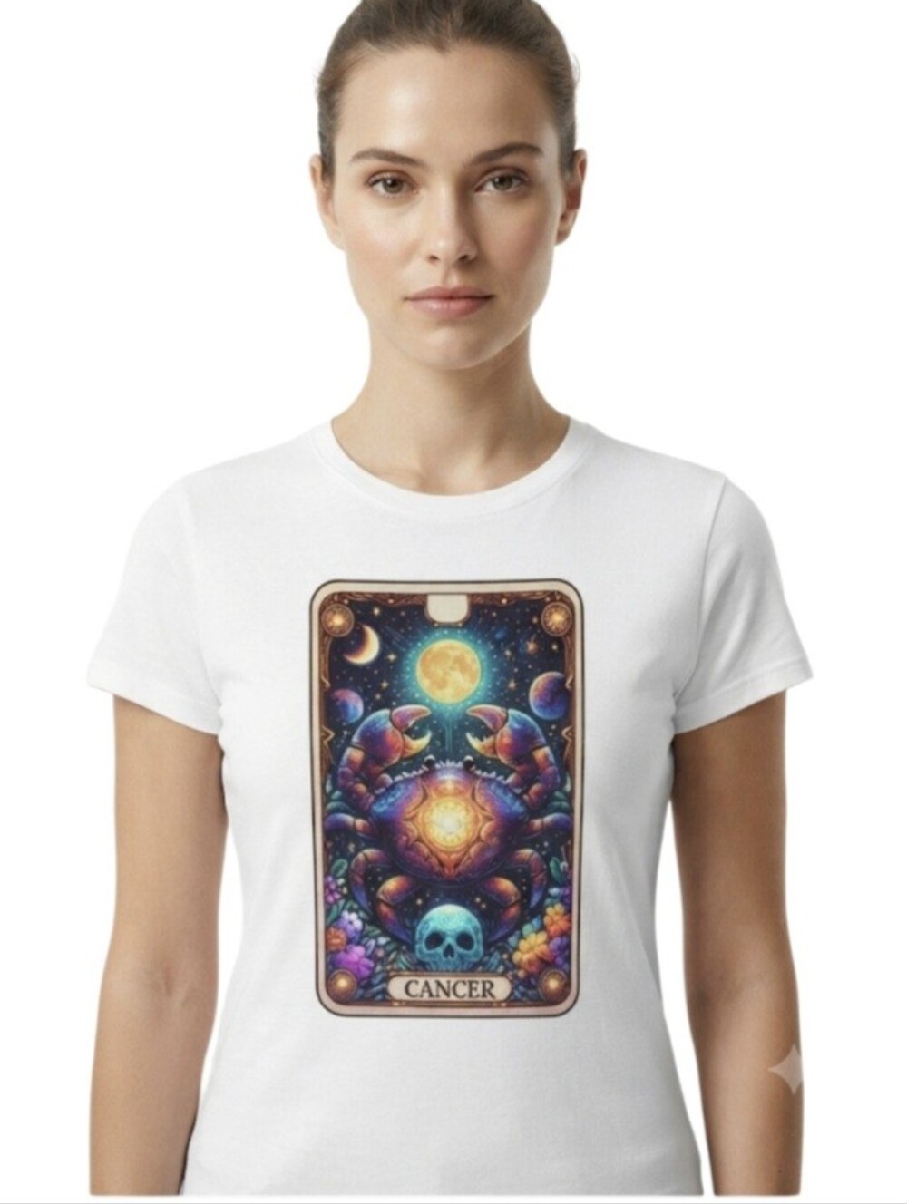 Upcycled Cancer Zodiac Tarot DTF Graphic T-Shirt Size M Mystical Astrology Tee